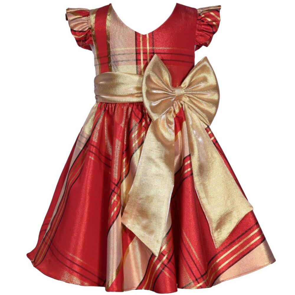 Bonnie Jean Girls 7-16 Red Gold Metallic Plaid Taffeta Christmas Bow Dr…